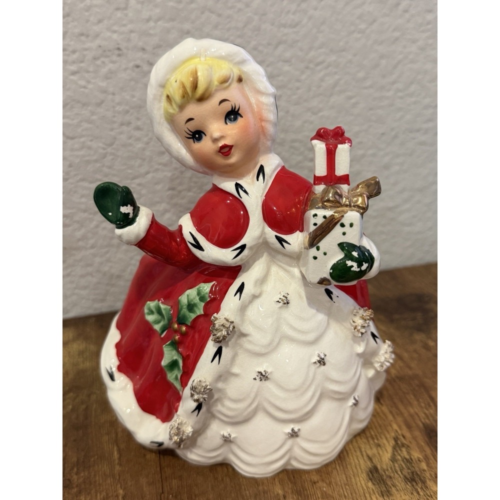 Vintage Relpo A-1711 Christmas Shopper Girl Ceramic Planter Spaghetti Trim Japan